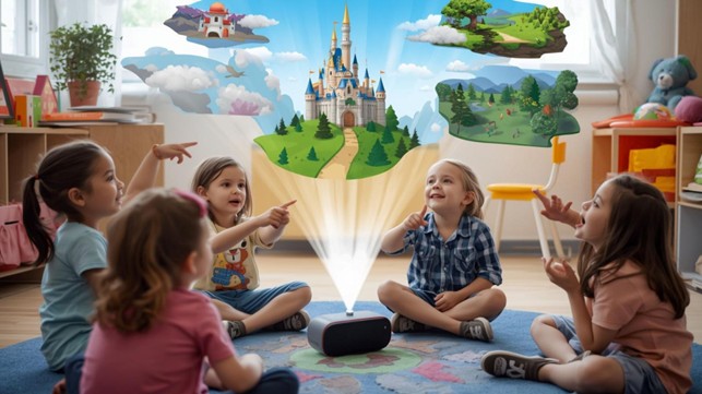 A group of young children sit in a circle around a speaker that projects vivid holographic images of castles and landscapes into the air. They point and look up with wonder, illustrating how sound and stories spark collective imagination, image AI-generated.